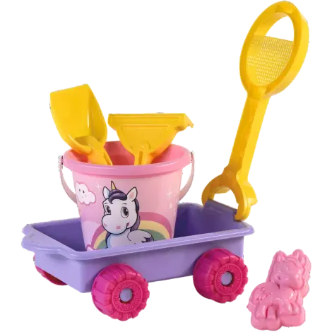 Carucior Unicorn cu unelte pentru apa si nisip si galetusa incluse