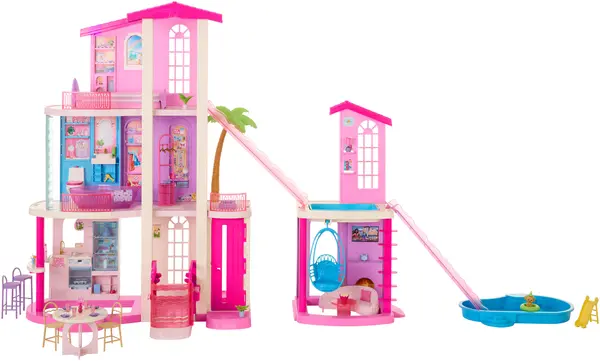 Casă de păpuși Barbie - Dreamhouse, cu 2 piscine, 2 tobogane și accesorii, 65 de piese