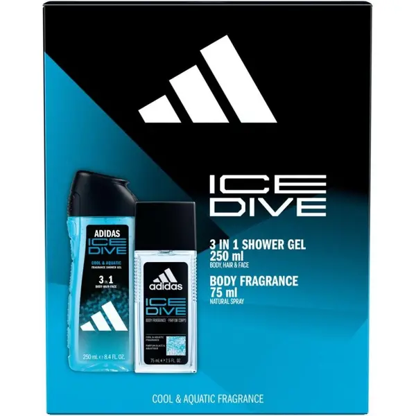 Caseta Cadou Barbati Adidas Ice Dive, Deodorant Natural Spray 75 ml, Gel Dus 250 ml
