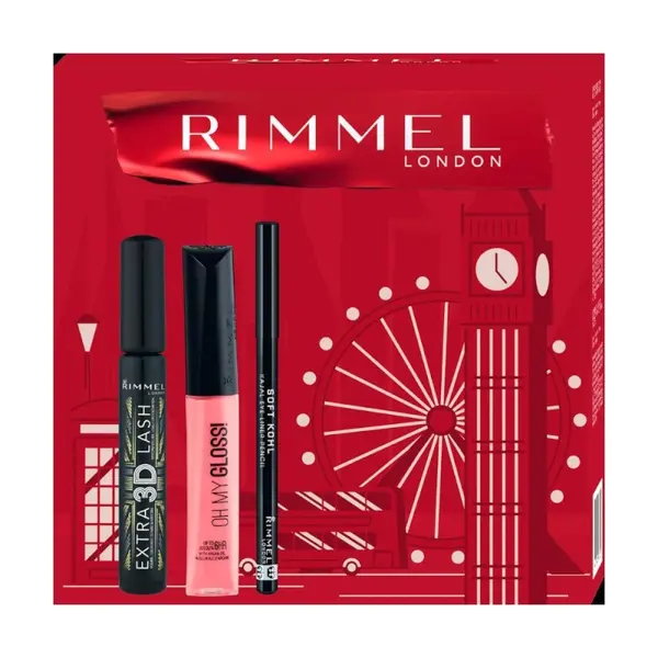 Caseta Cadou Femei Rimmel London, Mascara Extra 3D, Luciu Oh My Gloss, Creion Ochi Soft Kohl Kajal 001 Black
