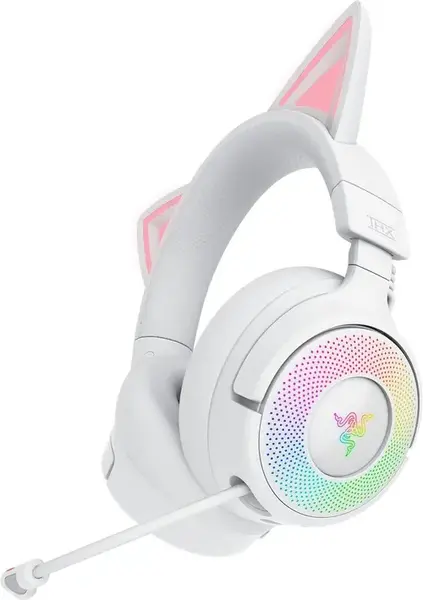 Casti Gaming Wireless Razer Kraken Kitty V3 Pro, 2.4G/Bluetooth/USB, Over-Ear, Chroma RGB, Microfon HyperClear Super Wideband (Alb)