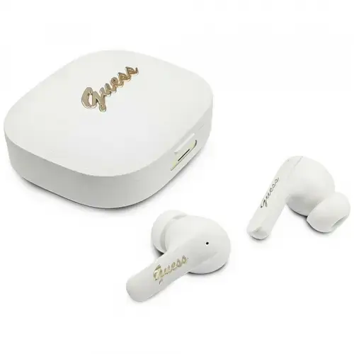 Casti True Wireless Guess Script Metal Logo, Bluetooth, Alb