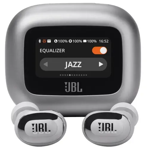 Casti True Wireless In-Ear JBL Live Buds 3, Bluetooth, Ecran Touchscreen 1.45inch, ANC, 6 Microfoane, Personi-fi 3.0, IP55 (Argintiu)