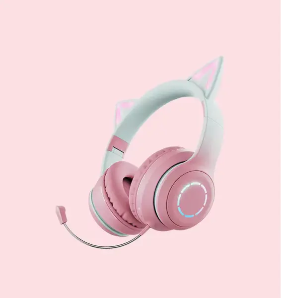 Casti wireless pliabile cu urechi de pisica iluminate LED, Bluetooth 5.0, Bass Stereo