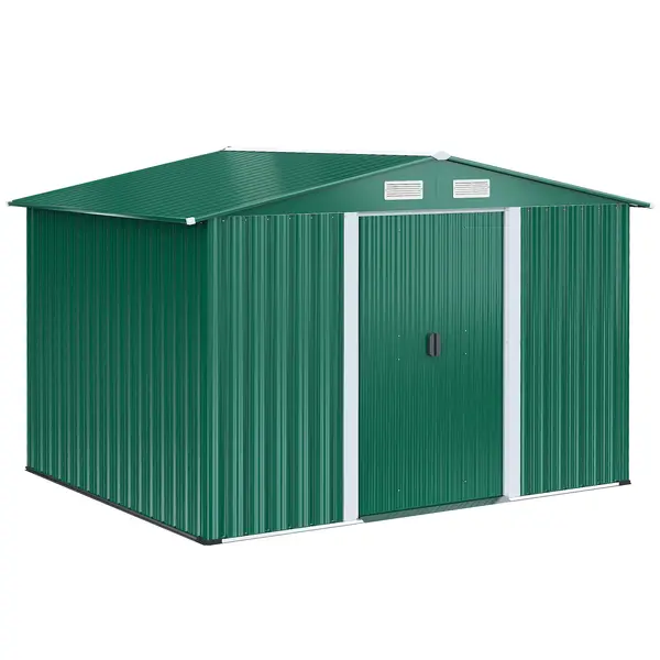 Casuta de gradina Outsunny, din lamiera de Oțel 246x192,5x177,5cm Verde | Aosom Romania