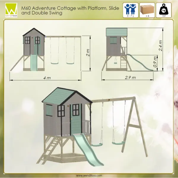 Casuta de gradina Pastel Pink Adventure Cottage cu platforma, tobogan si leagan dublu Wendi Toys
