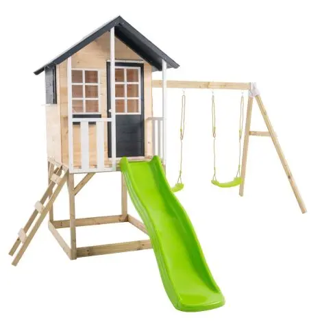 Casuta de gradina TP TOYS, Bluebell Cottage, cu cutie nisip, tobogan si leagan dublu, lemn, negru/maro/alb