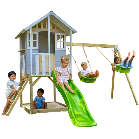 Casuta de gradina TP TOYS, Snowdrop Cottage, cu platforma cu loc pentru nisip, tobogan si leagan dublu, lemn, gri/maro/alb