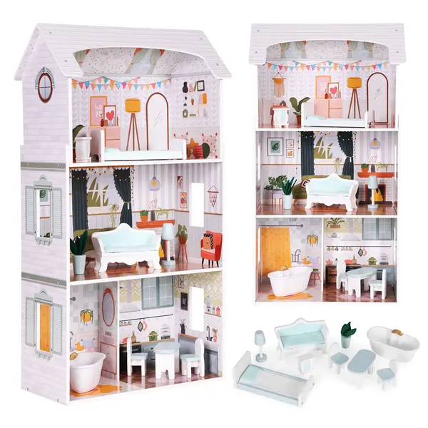 Casuta de Papusi Ecotoys, Alice, lemn, mobilier 9 piese, 3 etaje, multicolor KID006335, la doar 329,00 lei