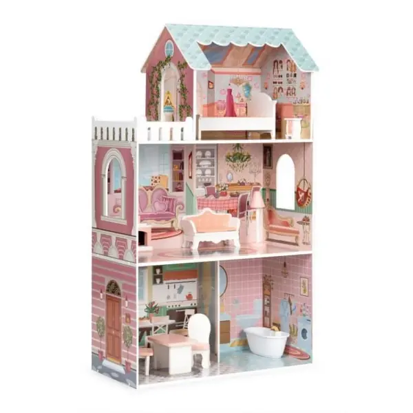 Casuta de Papusi Ecotoys, Barbie, lemn, mobilier, 3 etaje, roz KID000197, la doar 397,00 lei
