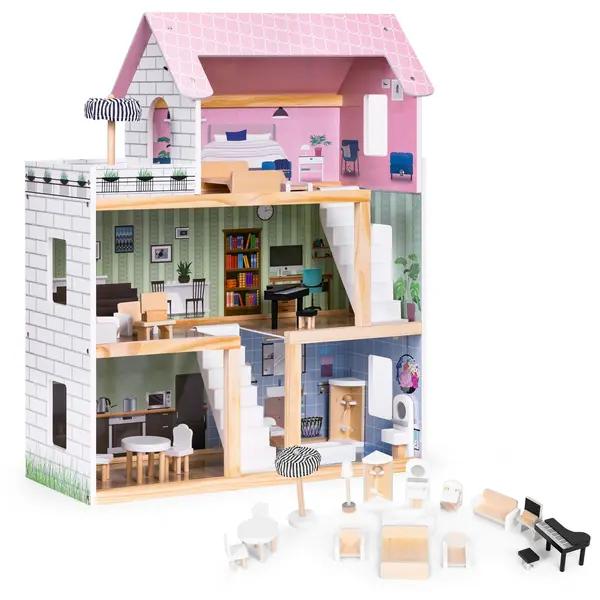 Casuta de Papusi Ecotoys, lemn, 3 etaje, terasa, mobilier, 15 piese, multicolor KID004003, la doar 359,00 lei