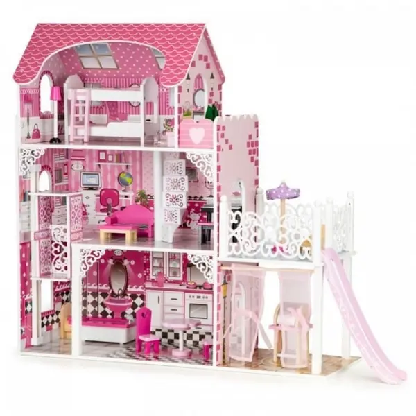 Casuta de Papusi Ecotoys, XXL, lemn, mobilier, lift, topogan, roz KID069966, la doar 543,00 lei