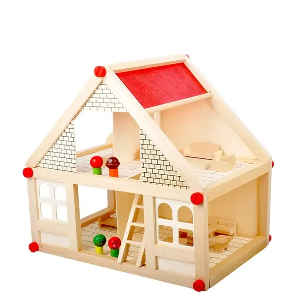 Casuta din lemn pentru papusi cu mobilier si 4 figurine