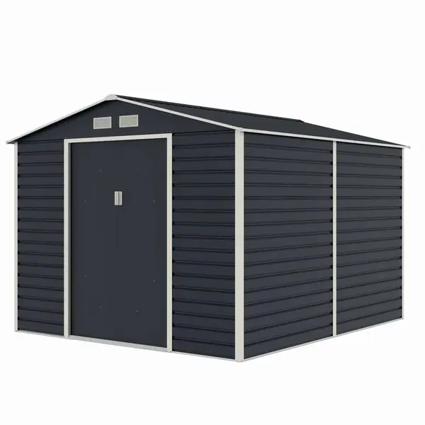 Casuta / magazie de gradina metalica MESTERINO Evan-Plus-E, gri/bej, 277x322x221 cm, cu usi culisante, baza metalica CADOU