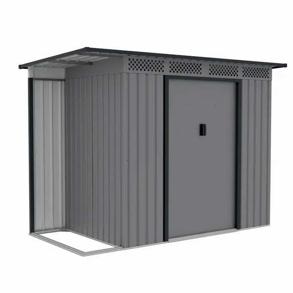 Casuta / magazie de gradina premium metalica, MESTERINO Chester-A, Gri/Bej, dimensiuni 257x142x184 cm, cu usi culisante si baza metalica