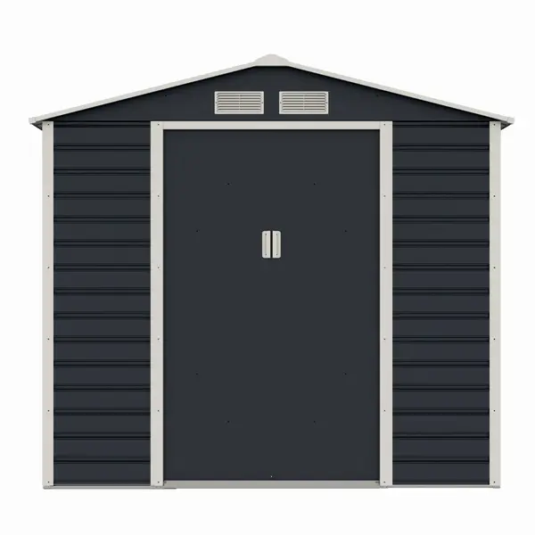 Casuta / magazie de gradina premium metalica, MESTERINO Evan-A, Gri/Bej, dimensiuni 213x131x192 cm, cu usi culisante si baza metalica