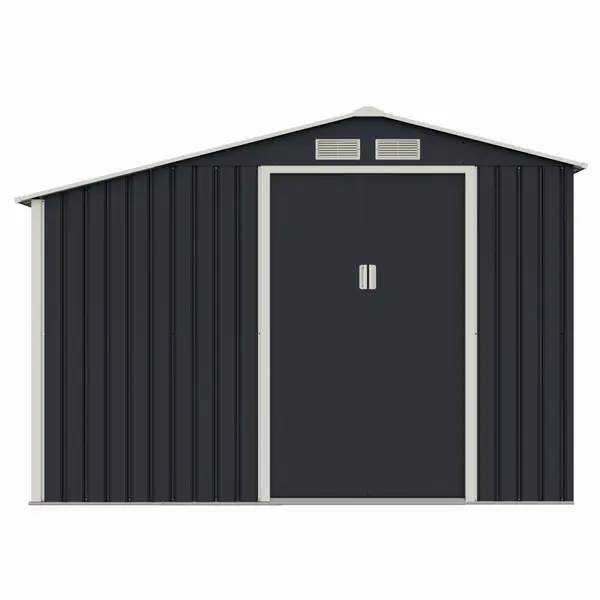 Casuta / magazie de gradina premium metalica, MESTERINO Luke-A, Gri/Bej, dimensiuni 278x131x195 cm, cu usi culisante si baza metalica