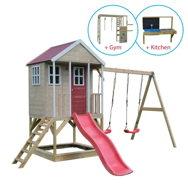 Casuta Wendi Toys Nordic Adventure House, cu loc pentru nisip, tobogan, leagan dublu, modul sport, bucatarie