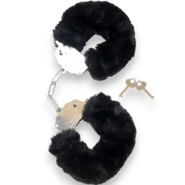 Cătușe pufoase B-SERIES Furry Cuffs, pentru jocuri erotice BDSM, din metal cu blană artificială, culoare negru cu argintiu