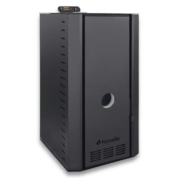 Cazan pe peleti Fornello SERENA B, 25 kw, complet echipat cu pompa de circulatie, vas de expansiune, supapa siguranta, telecomanda, culoare Black, arzator peleti din fonta, pentru suprafete pana la 150 mp