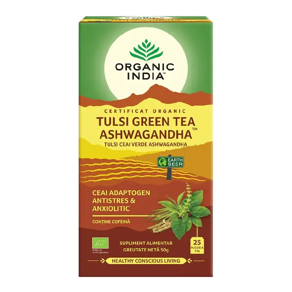 Ceai Bio Tulsi Ashwagandha si Ceai Verde, 25 plicuri, Organic India