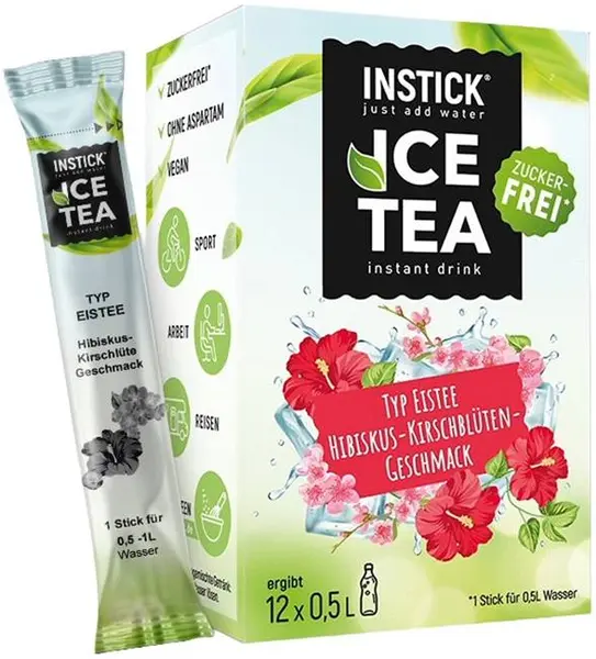 Ceai rece instant, hibiscus și floare de cireș, 12 x 2,5 g, Instick