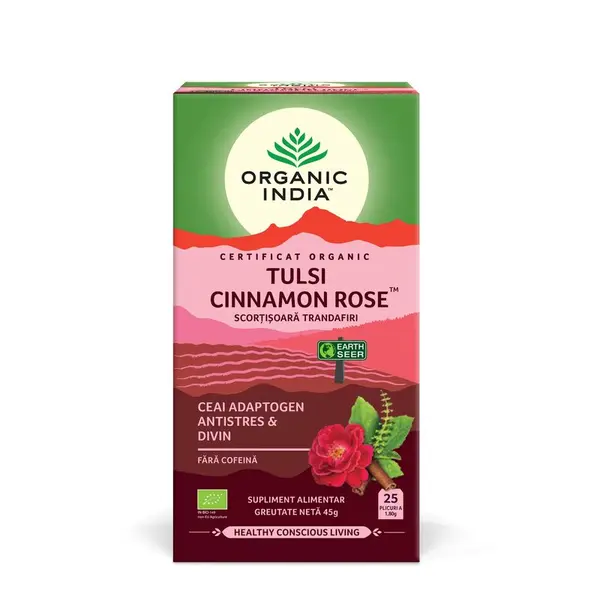Ceai Tulsi (Busuioc Sfant) Scortisoara Trandafiri - Ceai Adaptogen Antistres si Divin, eco, 25 de plicuri, Organic India