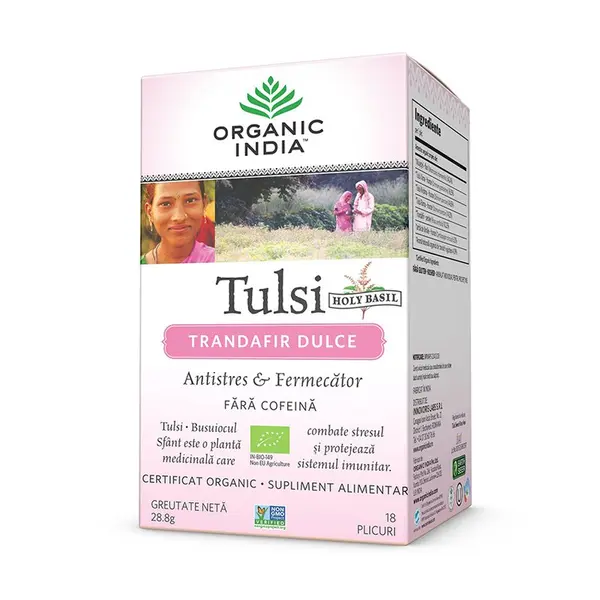 Ceai Tulsi (Busuioc Sfant) Trandafir Dulce | Antistres & Fermecator, eco, plicuri, Organic India