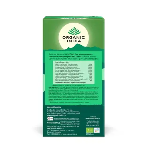 Ceai Tulsi Focus, Amestec Adaptogen pentru Concentrare si Sprijin Cognitiv, 25pl | Organic India