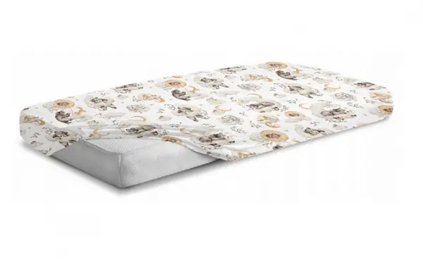 Cearceaf cu banda elastica pentru pat copii dimensiune 120 x 60 cm 100 bumbac, BabyMam Animals on Clouds