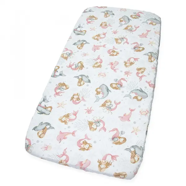 Cearceaf cu banda elastica pentru pat copii Kerstin Pink Mermaid, 100 bumbac, pentru saltea 120x60 cm