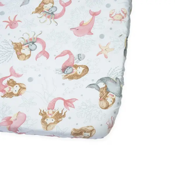 Cearceaf cu banda elastica pentru pat copii Kerstin Pink Mermaid, 100 bumbac, pentru saltea 120x60 cm