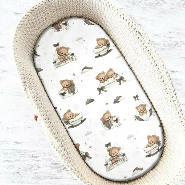 Cearceaf cu elastic, MimiNu, Pentru landou, carucior si cosulet, Dimensiune 80x35 cm, Din bumbac certificat Oeko Tex Standard 100, Tedy bear dreams beige