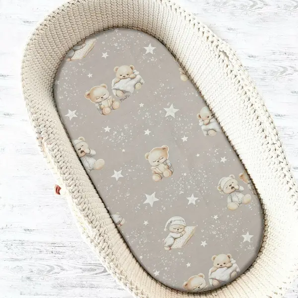 Cearceaf cu elastic, MimiNu, Pentru landou, carucior si cosulet, Dimensiune 80x35 cm, Din bumbac certificat Oeko Tex Standard 100, Bedtime story beige