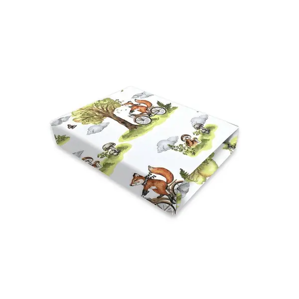 Cearceaf cu elastic, Qmini, Pentru patut co-sleeper, Leonie, Dimensiune 83 x 50 cm, Din bumbac certificat Oeko Tex Standard 100, Fox on bikes Natural
