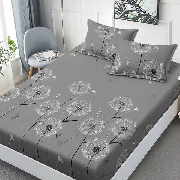 Cearceaf de pat cu elastic Somnart din finet cu imprimeu papadii gri, pentru saltea de 160 x 200 cm cu 2 fete de perna