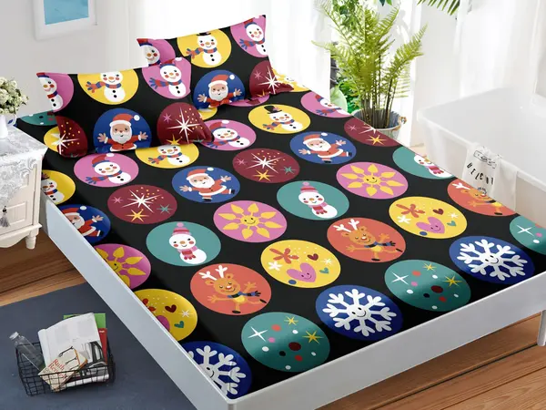Cearsaf cu elastic, Bumbac FINET, 160/180x200cm, 2 fete de perne 50x70cm, Craciun, Jojo Home, Gri, Multicolor, Christmass