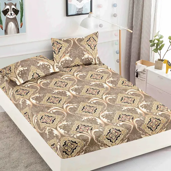 Cearsaf cu elastic, Bumbac FINET, 160/180x200cm, 2 fete de perne 50x70cm, Jojo Home, Bej, model elegant