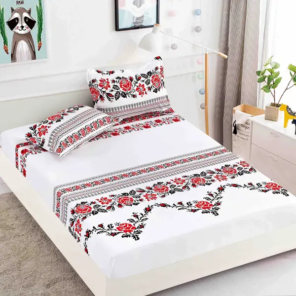Cearsaf cu elastic, Bumbac FINET, 160/180x200cm, 2 fete de perne 50x70cm, Jojo Home, Alb-Rosu, model traditional