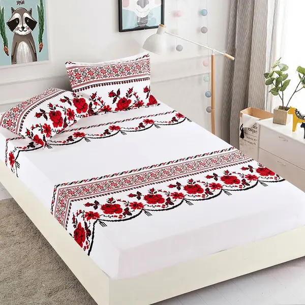 Cearsaf cu elastic, Bumbac FINET, 160/180x200cm, 2 fete de perne 50x70cm, Jojo Home, Alb-Rosu, model traditional