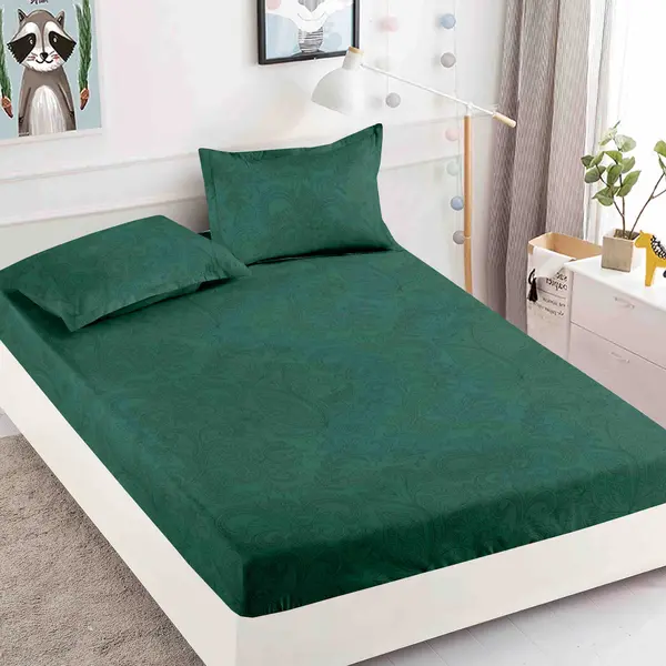 Cearsaf cu elastic, Bumbac FINET, 160/180x200cm, 2 fete de perne 50x70cm, Jojo Home, Verde, model floral