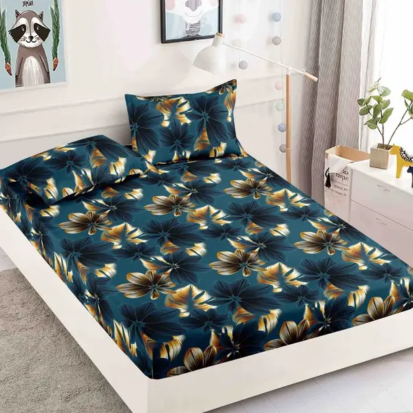 Cearsaf cu elastic, Bumbac FINET, 160/180x200cm, 2 fete de perne 50x70cm, Jojo Home, Bleumarin, flori