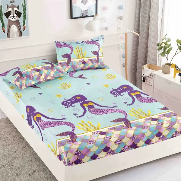 Cearsaf cu elastic, Bumbac FINET, 160/180x200cm, 2 fete de perne 50x70cm, Jojo Home, Bleu, Mov, Sirene