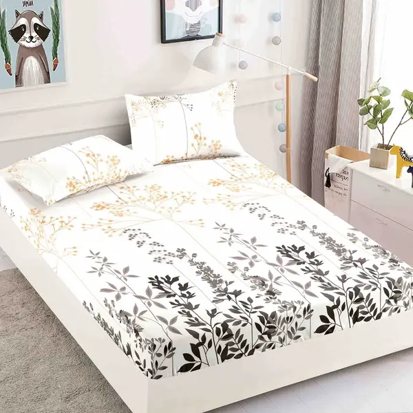 Cearsaf cu elastic, Bumbac FINET, 160/180x200cm, 2 fete de perne 50x70cm, Jojo Home, Crem, frunze