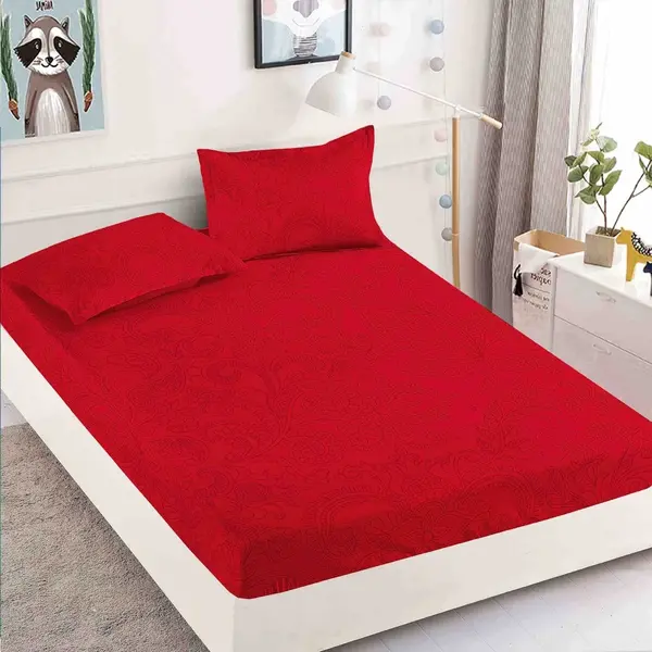 Cearsaf cu elastic, Bumbac FINET, 160/180x200cm, 2 fete de perne 50x70cm, Jojo Home, Rosu, model floral