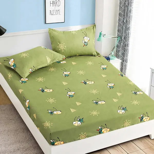 Cearsaf cu elastic, Bumbac FINET, 90x200cm, 2 fete de perne 50x70cm, Jojo Home, Verde-Multicolor, albinute