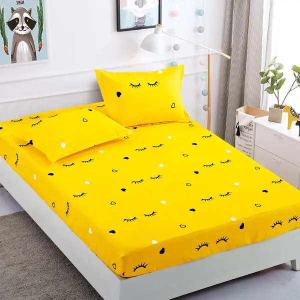 Cearsaf cu elastic, Bumbac FINET, 90x200cm, 2 fete de perne 50x70cm, Jojo Home, Galben-Negru, gene
