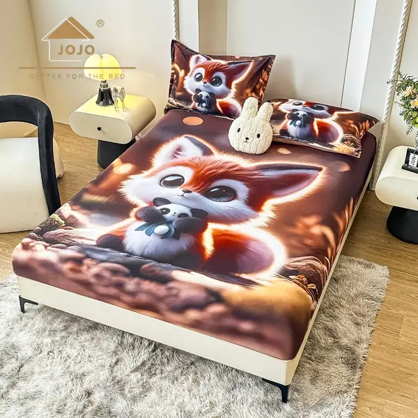 Cearsaf cu elastic, Bumbac FINET, Imprimeu 5D Identic cu Poza, 160x200cm, 2 fete de perne 50x70cm, Jojo Home, Maro, Vulpita