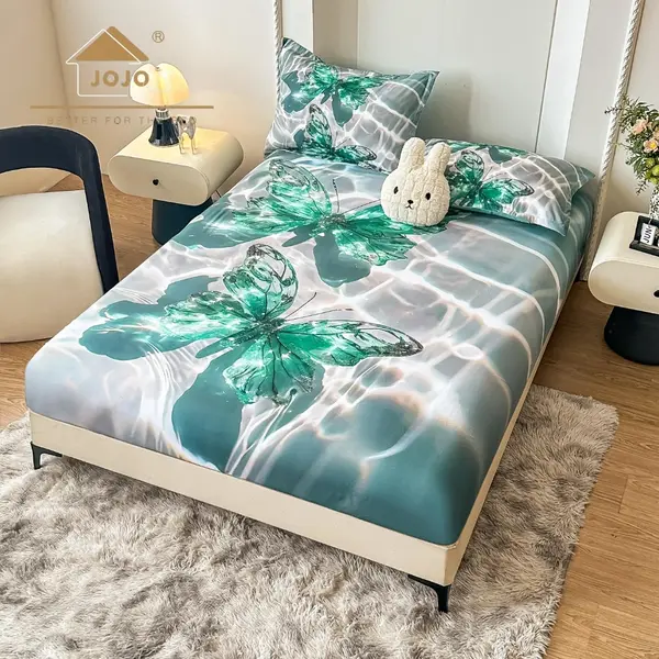 Cearsaf cu elastic, Bumbac FINET, Imprimeu 5D Identic cu Poza, 160x200cm, 2 fete de perne 50x70cm, Jojo Home, Turquoise, Gri, Fluturi