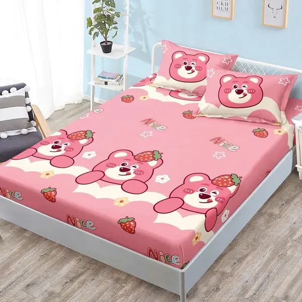 Cearsaf cu Elastic, Bumbac Satinat, 160x200 cm + 2 Fete de Perna 50x70 cm, Roz, ursuleti